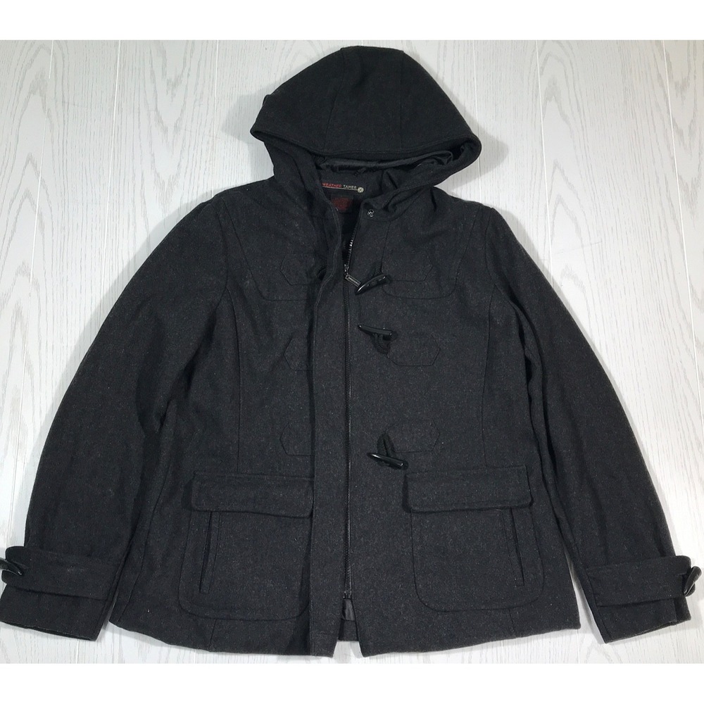 Vintage Weather Tamer Wool Blend Coat Women L Gray Hooded Toggle Buttons Y2K